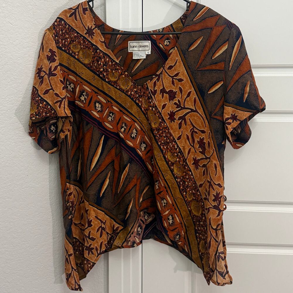 Vintage Karin Stevens Rayon Brown Blouse Top With Shoulder Pads Size 16